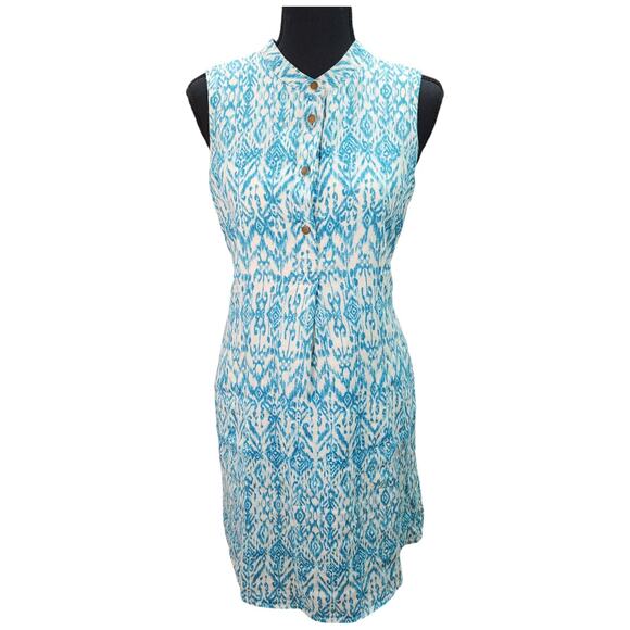 Cynthia Rowley Dress Women 2 Blue Linen Sleeveless Geometric Print Lined Pockets - Picture 2 of 15
